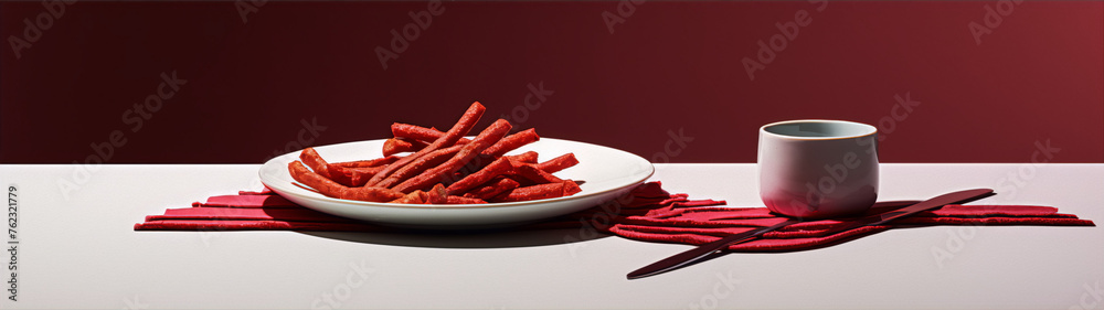 Still life photography of a plate of red snacks with a cup and knife on a white table with a red background. Still life photography of a plate of red snacks with a cup and knife on a white table with a red background.