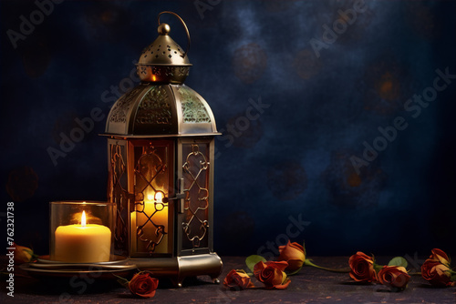 A glowing lantern and candle with a dark blue background and red roses.