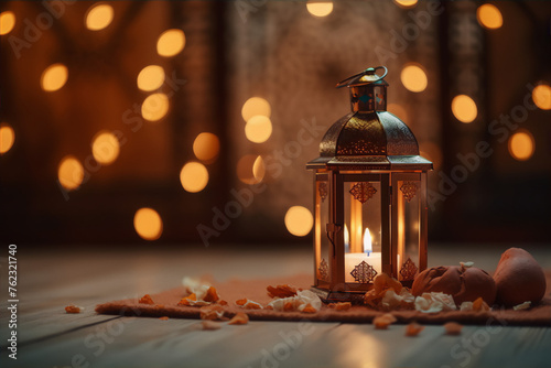 Ramadan Kareem glowing lantern with blurred lights in background
