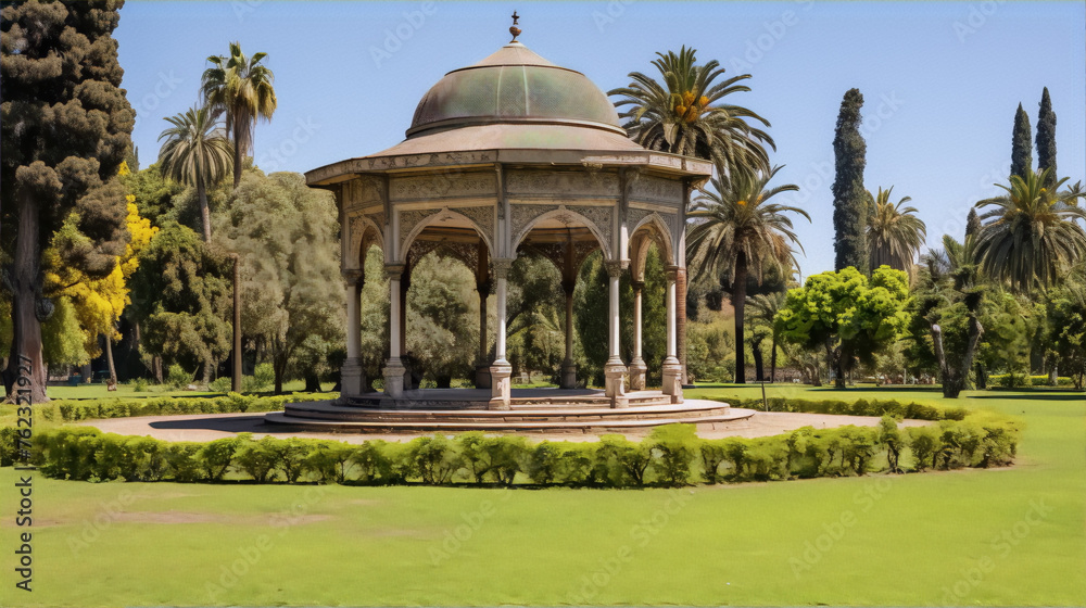 Classical European style ornate stone gazebo in a lush green park with palm trees