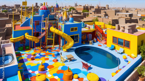 Wallpaper Mural A colorful and whimsical rooftop playground with a pool, slides, and other fun features, with bright and vibrant colors and a fun and playful atmosphere. Torontodigital.ca