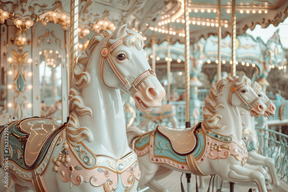 Vintage Carousel Horses on a Pastel Merry-Go-Round