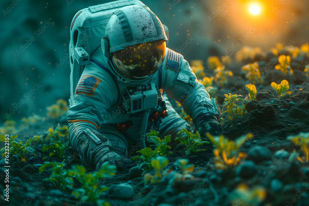 Fototapeta premium Cosmonaut Cultivating Green Plants On The Moon, Cinematic Lighting Illustration