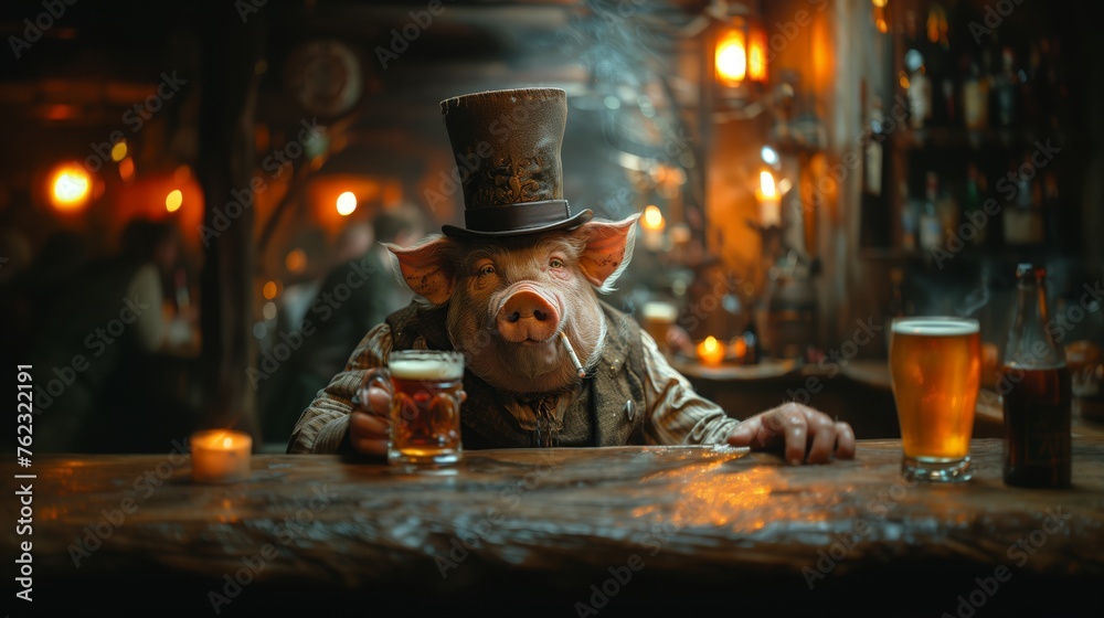 fat pig sitting in a bar with a glass of beer .Generative AI - obrazy, fototapety, plakaty 