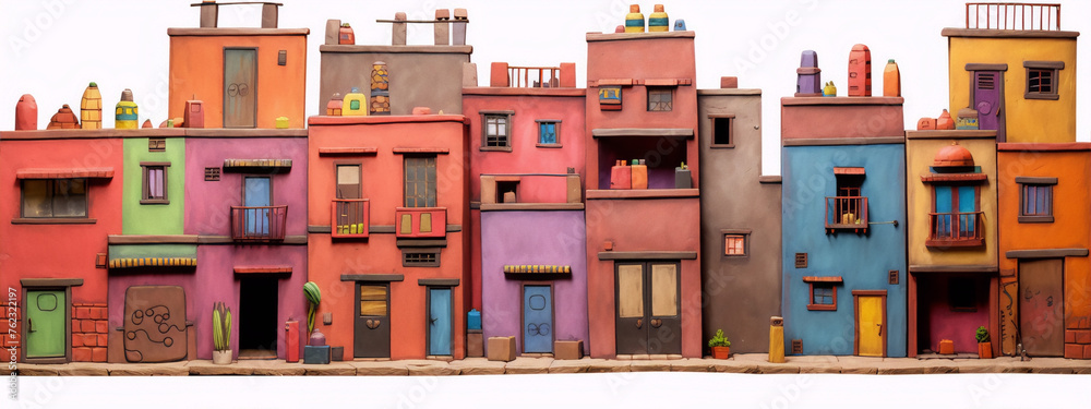 3D rendering of a colorful mexican village with claymation style houses 3D rendering of a colorful mexican village with claymation style houses
