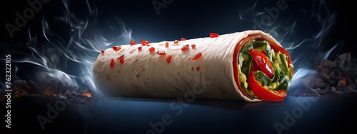 A photo of a delicious-looking wrap with red and green peppers, lettuce, and other vegetables, on a dark background with smoke. © amsassia