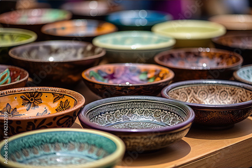 A variety of handcrafted ceramic bowls with intricate geometric patterns and vibrant colors.