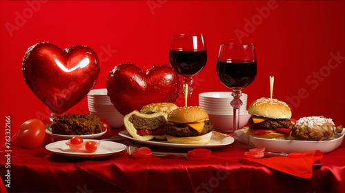 Two hearts, two glasses of red wine and two hamburgers on a red tablecloth. © amsassia