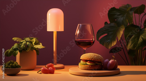 Burger and wine still life with pink background, monstera leaf and grapes © amsassia
