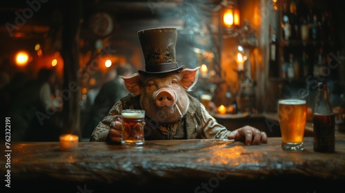 fat pig sitting in a bar with a glass of beer .Generative AI photo