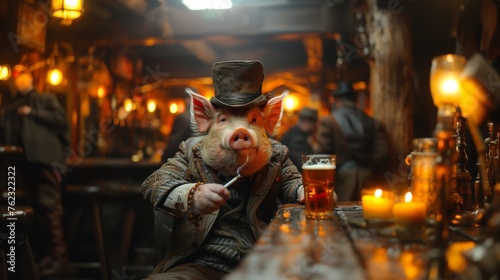 fat pig sitting in a bar with a glass of beer .Generative AI