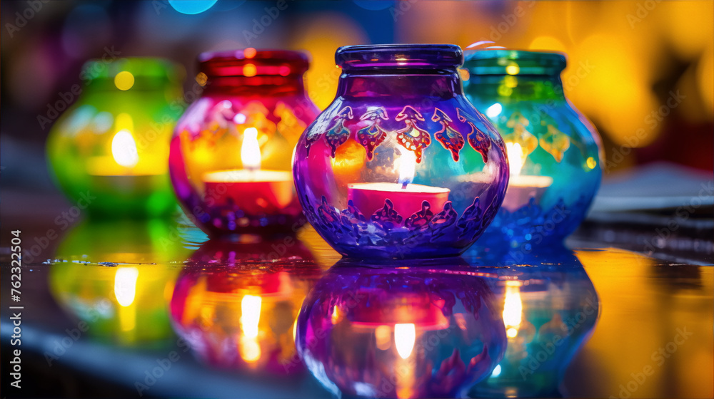 Still life of colorful glass candle holders with burning candles reflecting on a glossy surface.