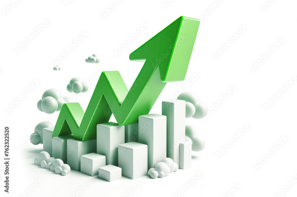 Market trend, investment growth, green arrows up on white background, 3D style illustration