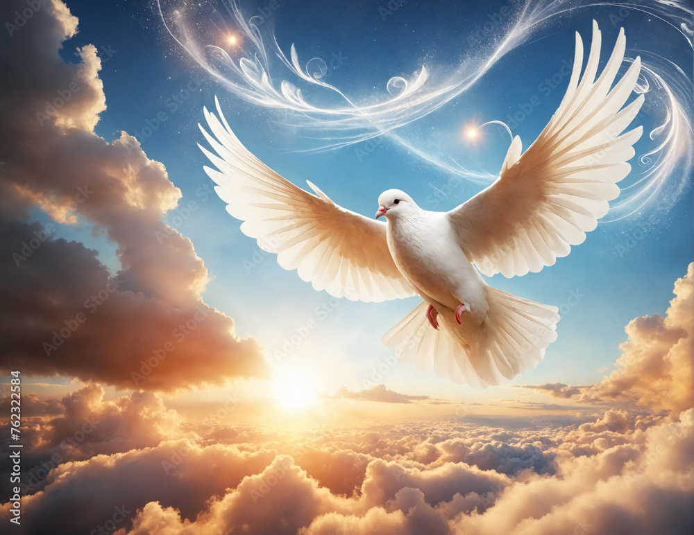 Beautiful White dove flying in the sky with epic clouds Beautiful White dove flying in the sky with epic clouds