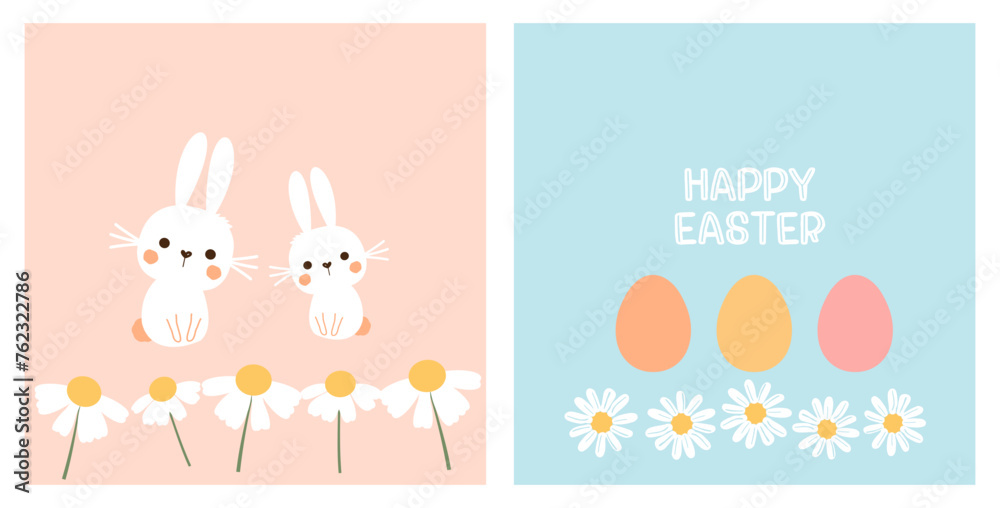 Bunny rabbit cartoons, daisy flower, hand written fonts and Easter eggs on orange and blue background vector.