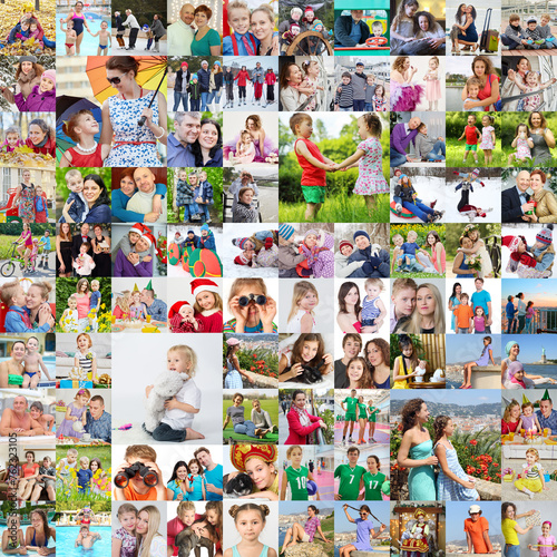 Many happy familes pose together, children, kids, adults. collage with models