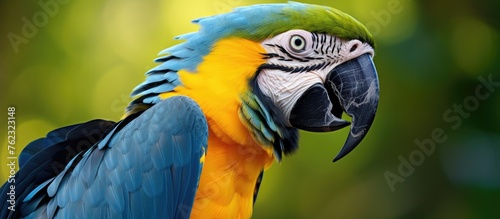 A closeup of a beautiful parrot with blue and yellow feathers, a long beak, and intricate wing details, perched on a terrestrial plant in its natural habitat