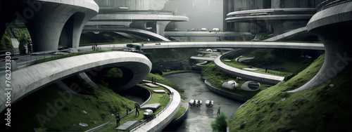 Futuristic city with green parks, river and people using walkways and pods for transportation. photo