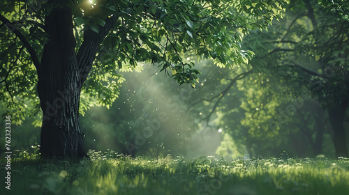 Enchanted Forest Scene with Sunrays and Floating Pollen