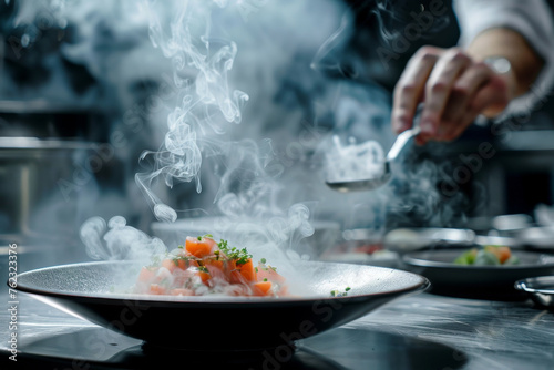 Professional Chef Garnishing Exquisite Salmon Dish in Restaurant Kitchen