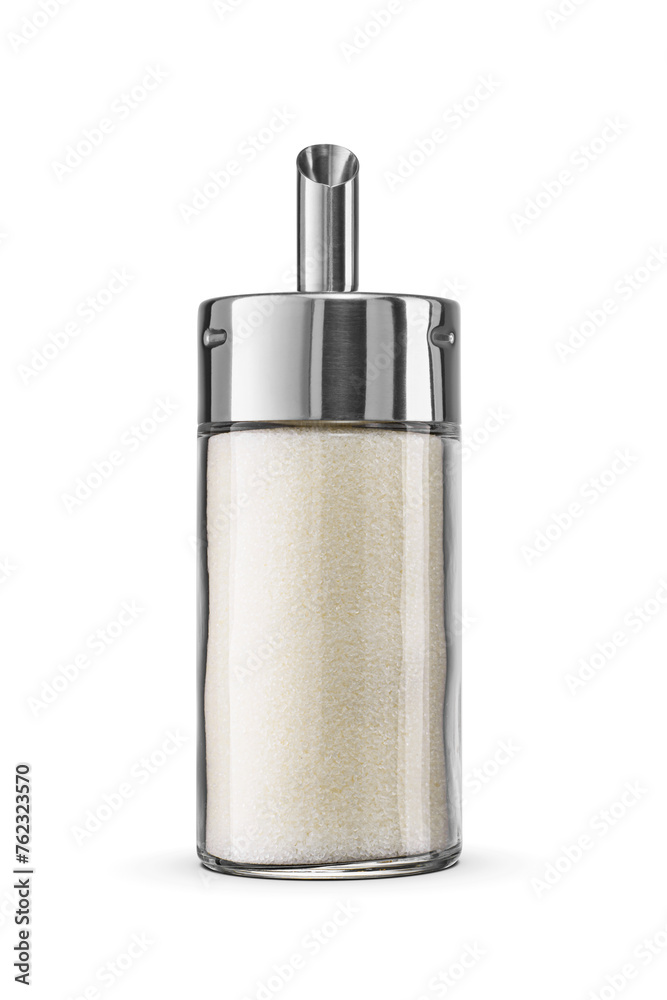 A stainless steel metal lid sugar dispenser with a transparent cylindrical body with granulated sugar inside stands isolated. Transparent PNG image. A stainless steel metal lid sugar dispenser with a transparent cylindrical body with granulated sugar inside stands isolated. Transparent PNG image.