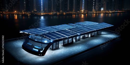 Solar-powered autonomous bus stop with a view of the night city