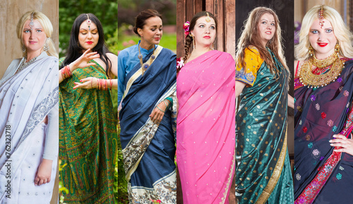 Six pretty women pose in indian national costumes, collage with four models