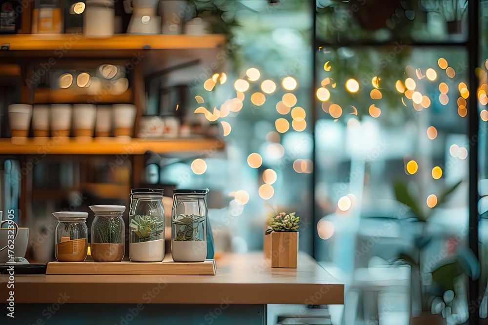 The coffee and defocused lights on the coffee shop table. AI tec