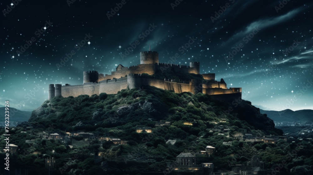 Mysterious ancient castle in misty hills under starry night sky, fantasy concept, banner