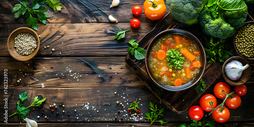 Tomato soup with veggies in a wooden bowl, set on table