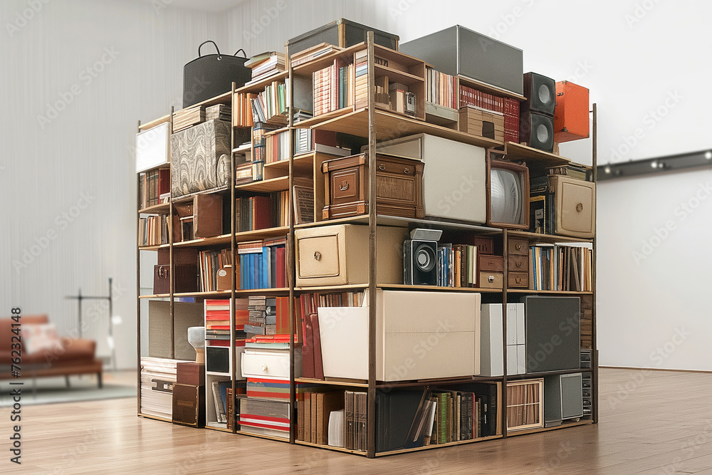 Modern furniture and home related items stacked in huge cube form. Moving company organizes container transportation. Modern furniture and home related items stacked in huge cube form. Moving company organizes container transportation.