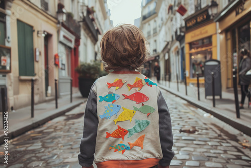Boy with colorful paper fish attached to his back on a street of French city. Attaching paper fish to someone's back is a common April fools day joke in France.