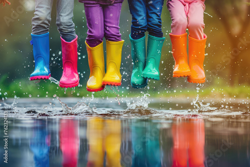 Children in colorful rubber boots playing and jumping in water puddle on a rainy day