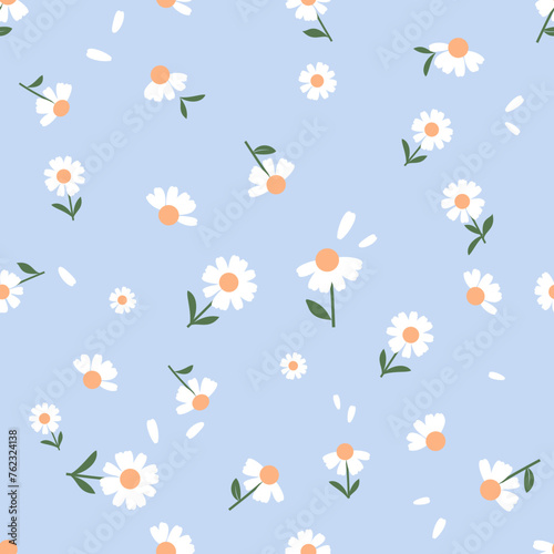 Seamless pattern with cute daisy flower and green leaveas on blue background vector.
