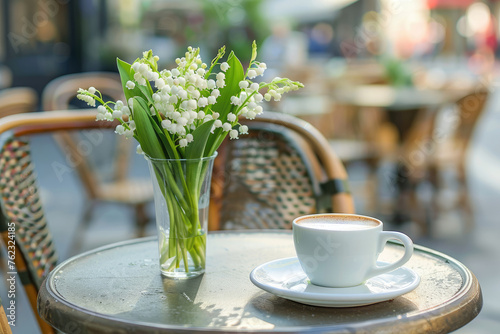 Bunch of lily of the valley and cup of coffee on a table of French street cafe. French tradition to offer lily of the valley on the 1st of May which is a public holiday in France