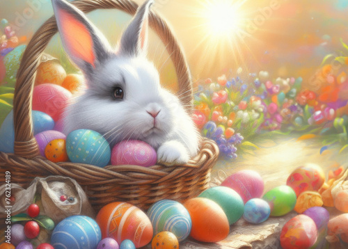 Easter picture with a white rabbit and colorful Easter eggs in a basket  pastel painting