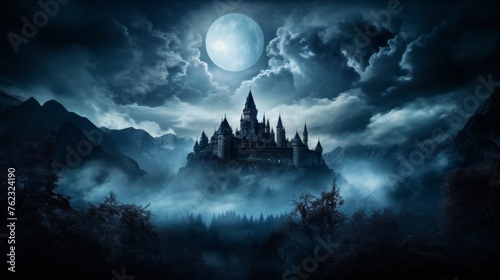 Misty hills surrounding ancient castle under dazzling night sky, mystical and alluring concept, banner © Anzhela