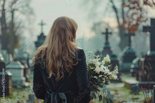 Sad young woman grieving her loss on a cemetery. Lonely widowed wife by the headstone of her spouse.