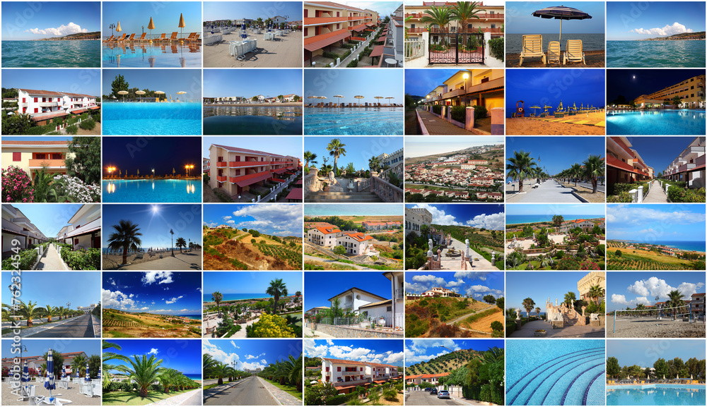 Collage with sea summer resort views - sunny hotels, beach of Calabria, Italy