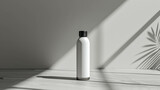 Blank 3D White Sport Bottle Mockup With A Gray Background. Thermo Mock Up Template For Fitness