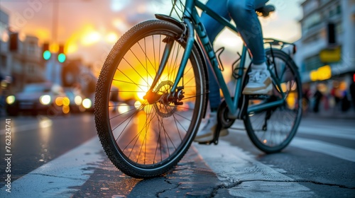 Cyclist crossing the street at sunset in the city photo
