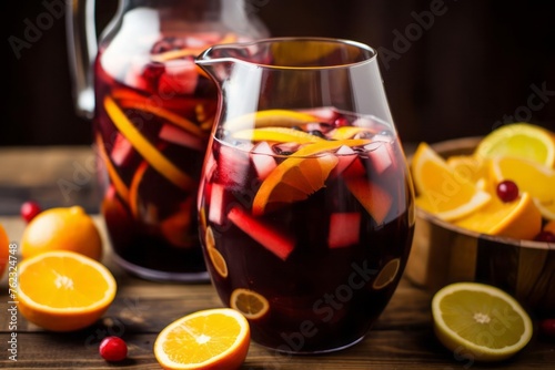 Classic sangria made with dry red wine, seasonal fruits, and brandy. Summer time concept.