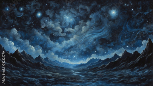 Midnight black fading into indigo and sapphire shades. Enigmatic celestial-themed design on a starry night sky.