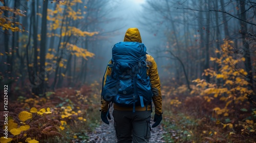 Man hiking alone through a misty autumn forest