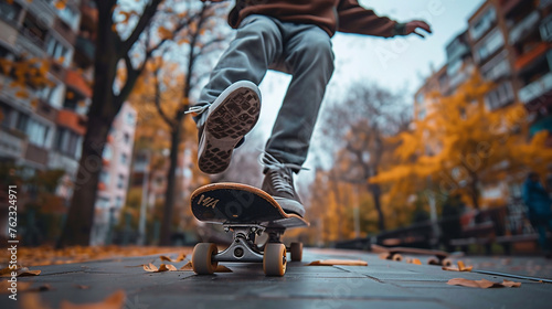 Wide closeup photo from below, an active skateboarder performing at a middle of park, action in the air with jeans and sneakers shoes  photo
