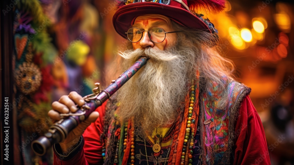 Enchanting bard playing flute in moonlit fantasy world, mystical atmosphere, music concept, banner