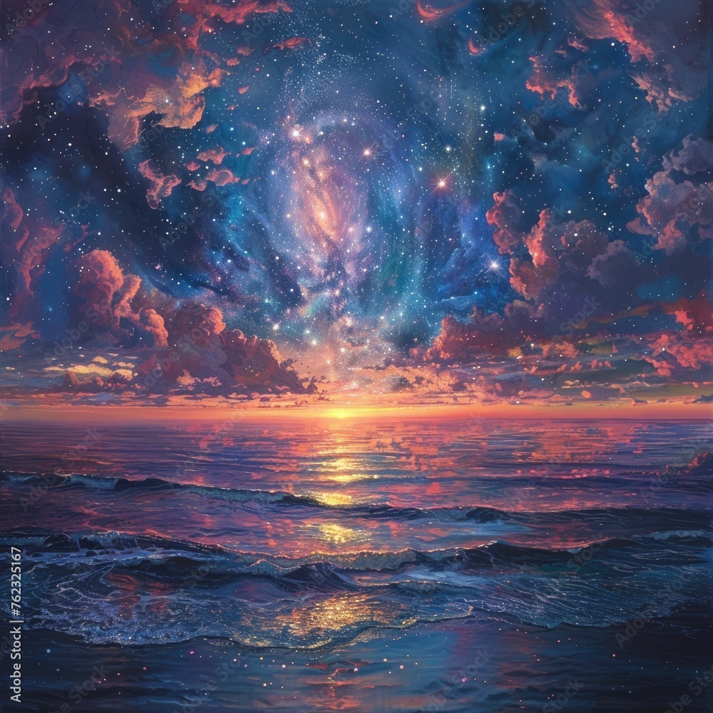 Cosmic landscape at twilight, where galaxies meet the ocean, reflecting vibrant colors and a sense of infinite possibilities