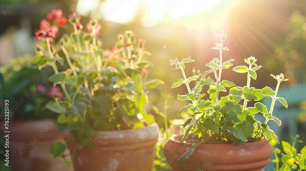 Sunlit potted plants highlighting new beginnings and growth