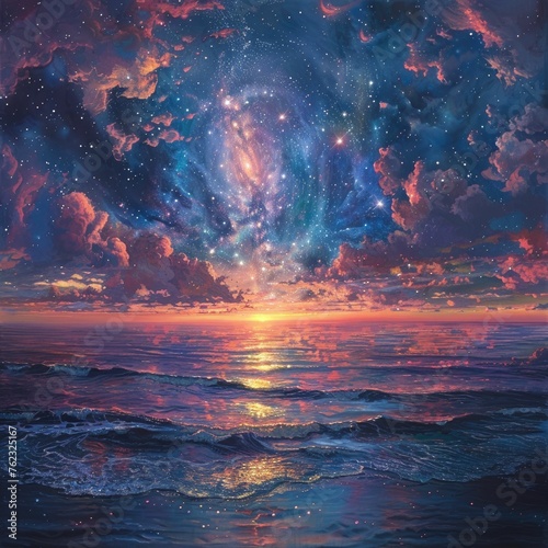 Cosmic landscape at twilight, where galaxies meet the ocean, reflecting vibrant colors and a sense of infinite possibilities