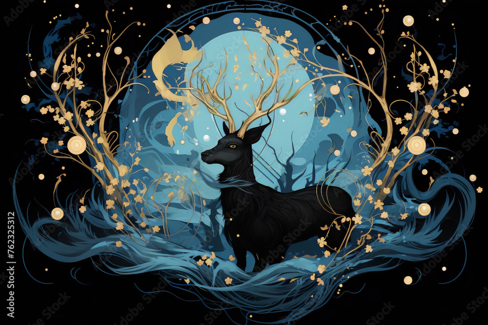 Black and gold deer with glowing blue plants and flowers on a dark blue background. Black and gold deer with glowing blue plants and flowers on a dark blue background.